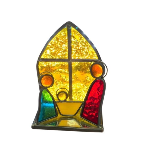 Vintage Stained Glass Nativity Scene Mirror Panel Christmas Art candle base - Picture 2 of 9
